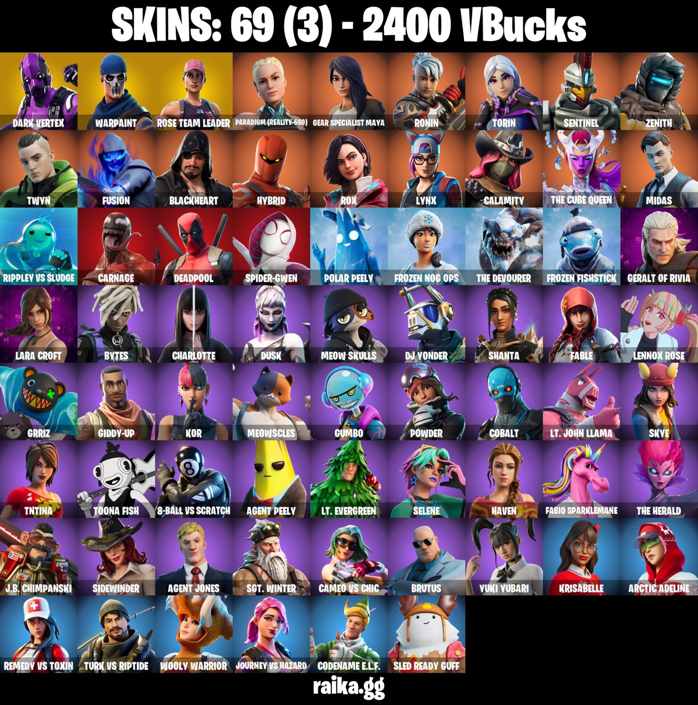 69 Skins - Og Stw, Midas, Dark Vetex, Lara Croft, Carnage, 2400 vbucks