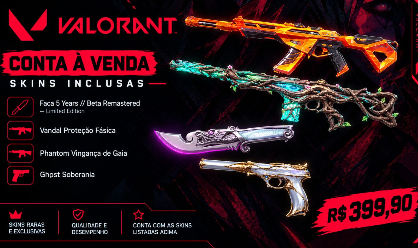 VALORANT | Faca Beta Remaster + Vandal Proteção Fásica + Phantom Gaia + Ghost So