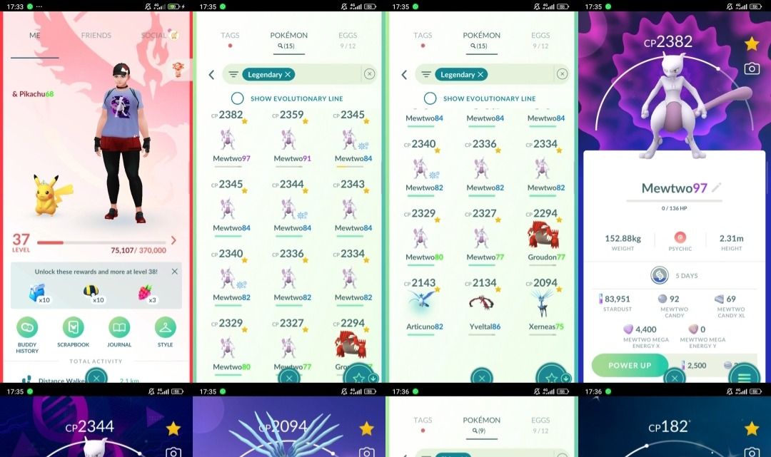 Conta Pokémon GO Nível 37 | 15 Lendários, 11 Mewtwo e Pikachu Shiny T314