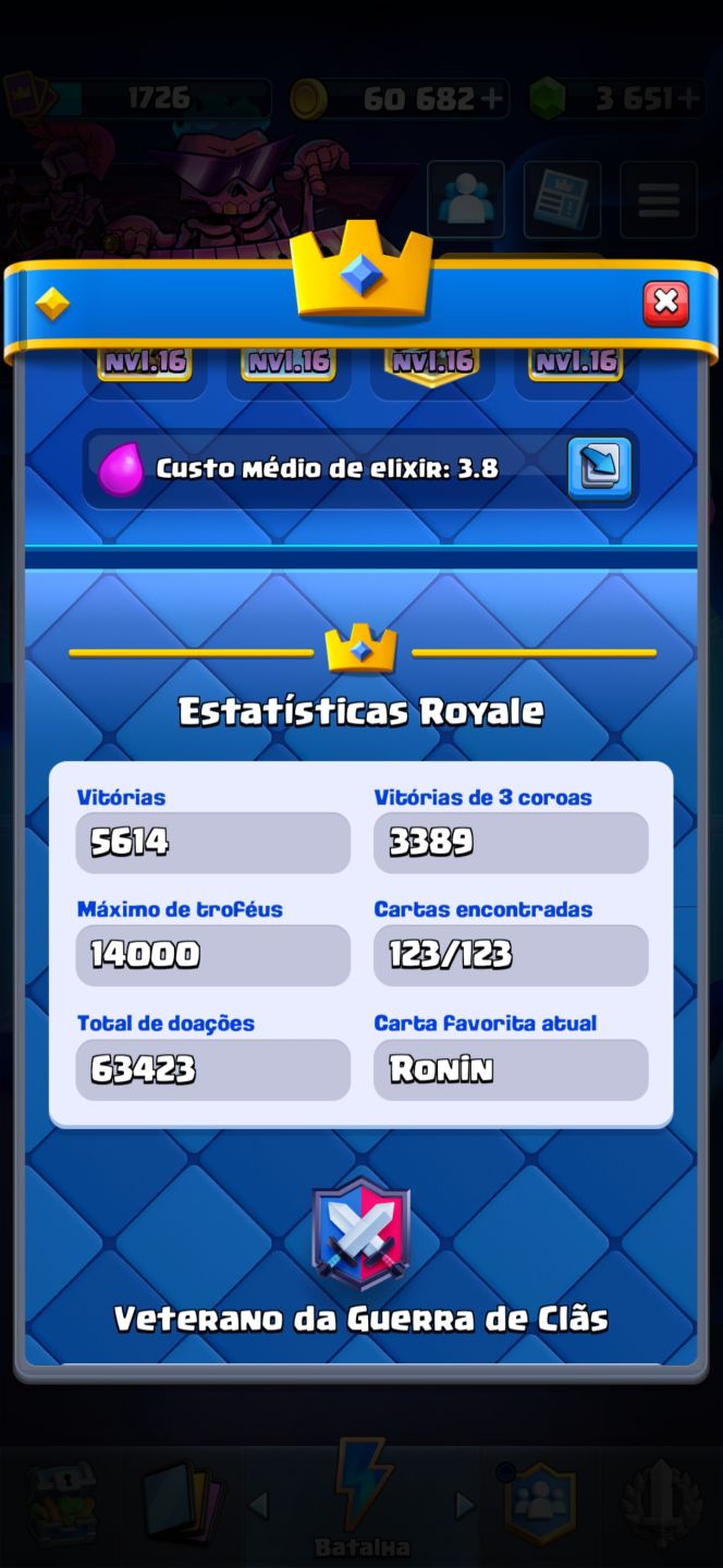 Conta Clash Royale Nível 16 Várias Cartas Nível Máximo 14k troféus Arena Campeão