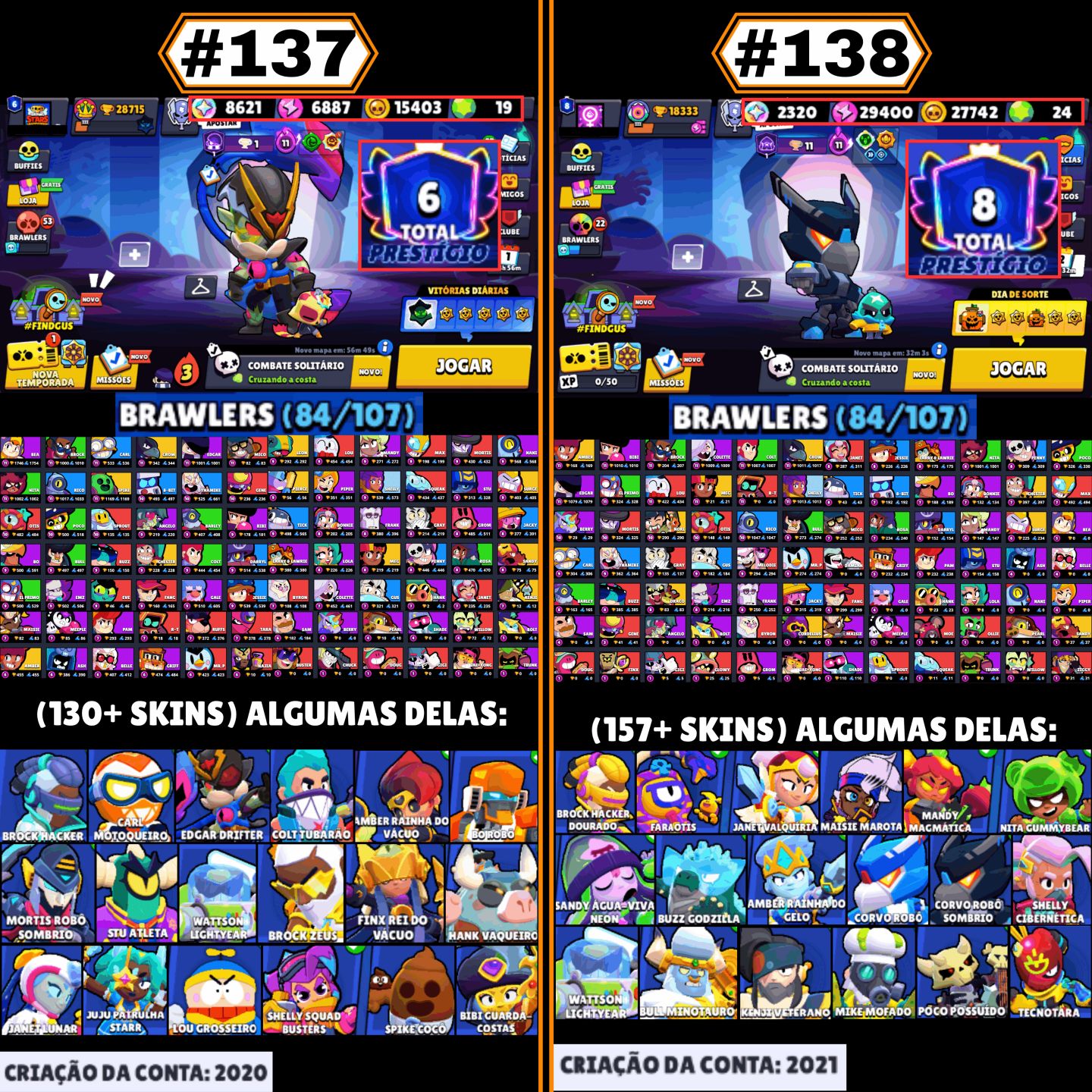 CONTAS BRAWL STARS | LENDÁRIOS, HIPERCARGAS, SKINS RARAS, P11, GEMAS, TROFÉUS