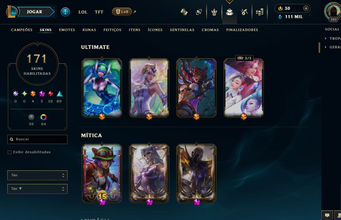 CONTA LOL LV 380 DIAMANTE 2 (MASTER SEASON PASSADA) HONRA 5 / 171 SKINS