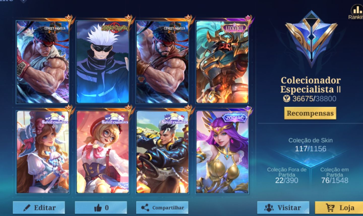 CONTA MOBILE LEGENDS 406 DIMAS SANRIO STREET FIGHTER E JUJUTSU [negócio preço]