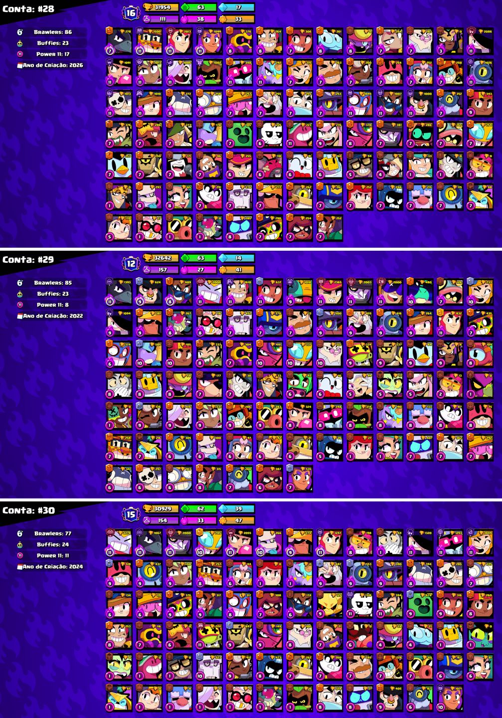 CONTAS BRAWL STARS c/LENDÁRIOS e MUITOS TROFÉUS!!