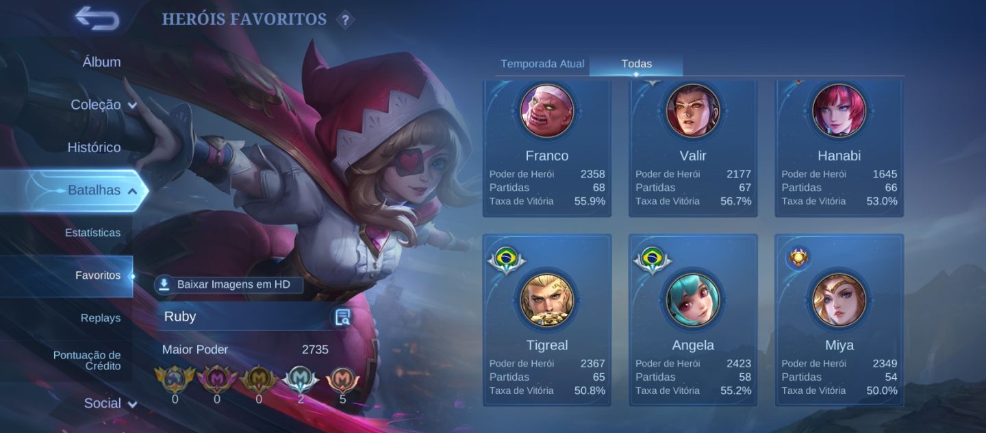 Conta mlbb 6Anos 222skins 111 star único dono wr medianos Full emblemas e herois