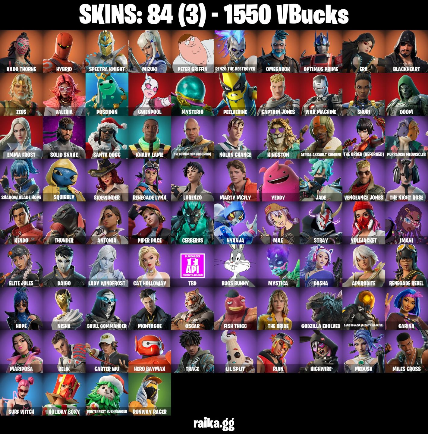 84 Skins - spektra knight, blackheart, emma frost, santa dogg, 1550 vbucks