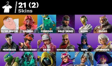 21 skins | Peter Griffin | Valeria | Poseidon | Solid Snake | Nisha | Oscar
