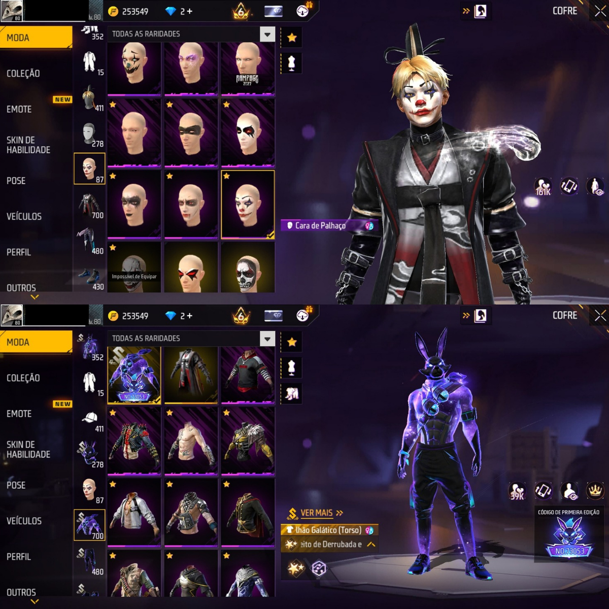 CONTA FREE FIRE LVL 80 COM DIVERSOS ITENS E PASSES ANTIGOS