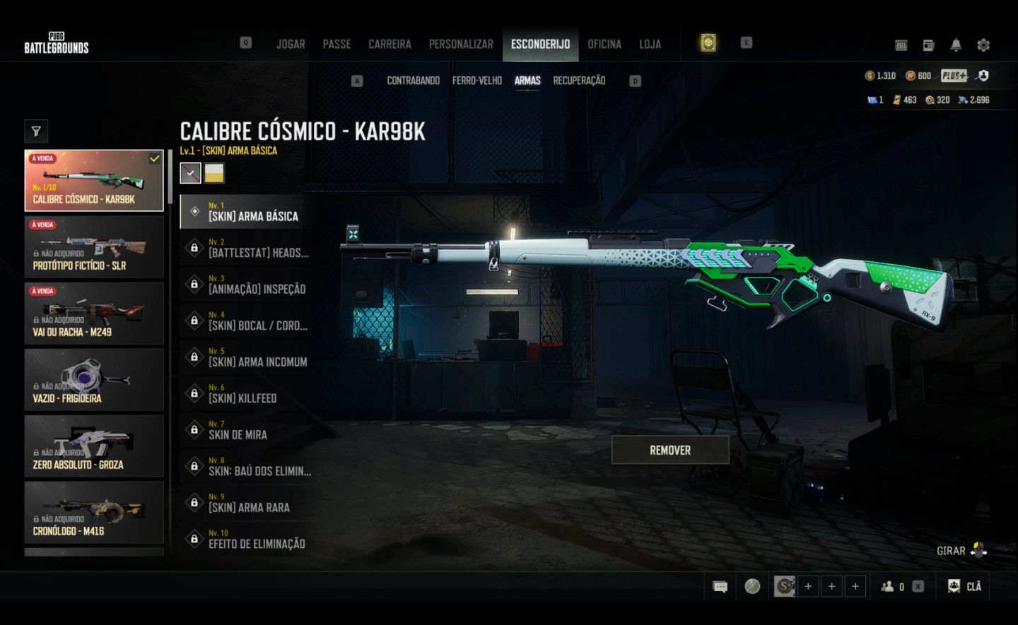 Conta PUBG Kar98k lendária + Chroma(2) + 1310 Gcoins + 463 cupons de contrabando