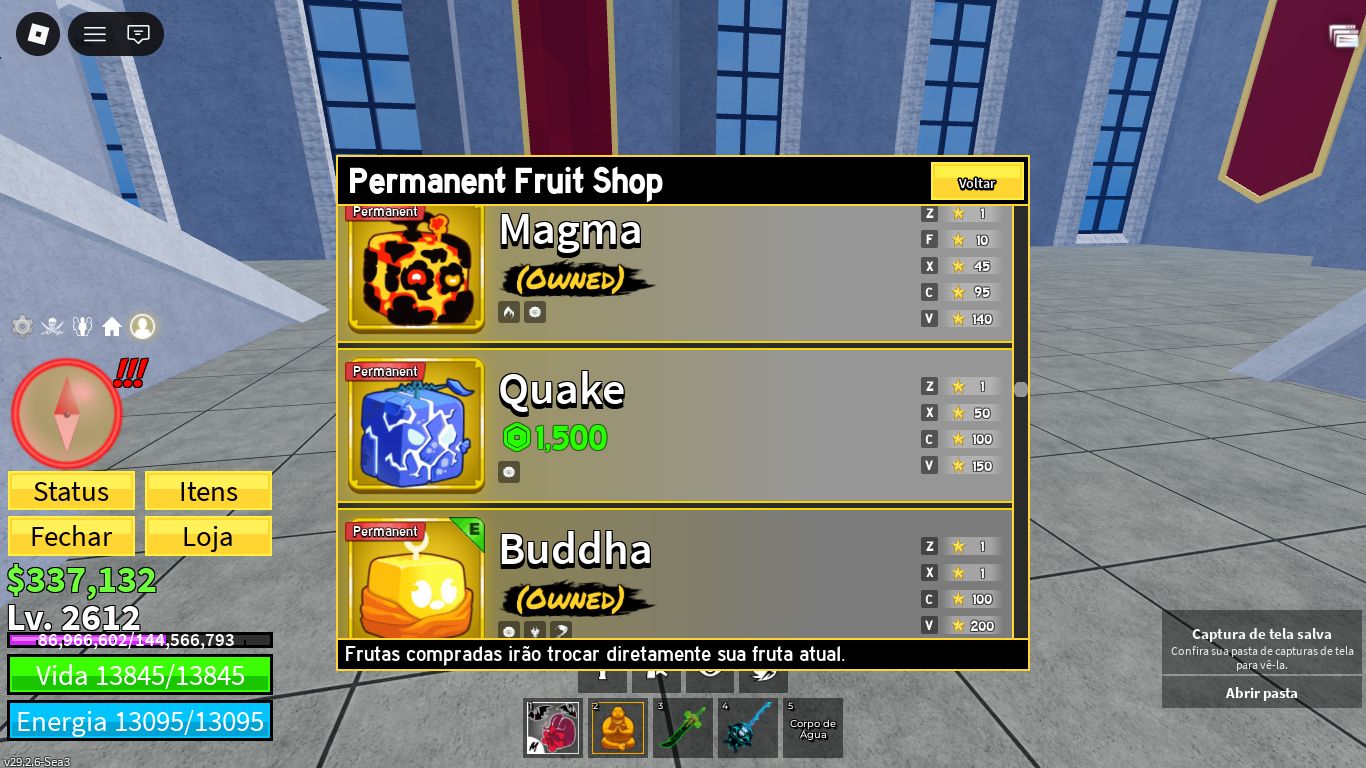 Conta de blox fruits level 2612 e diversas frutas permanentes como buddha,dough.