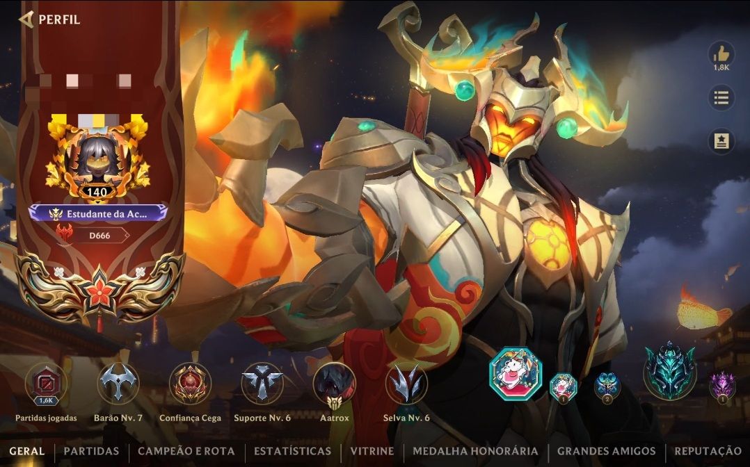 CONTA WILD RIFT, AATROX LANTERNA DRACONICA, 75 SKINS, MAESTRIA 7 AATROX, BRASIL