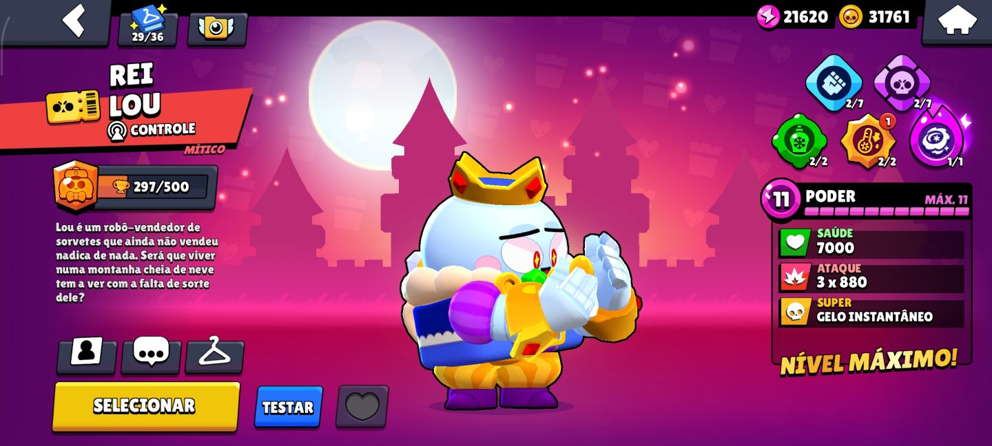 Conta de brawl Star com Colt desafiante entre outras skin raras