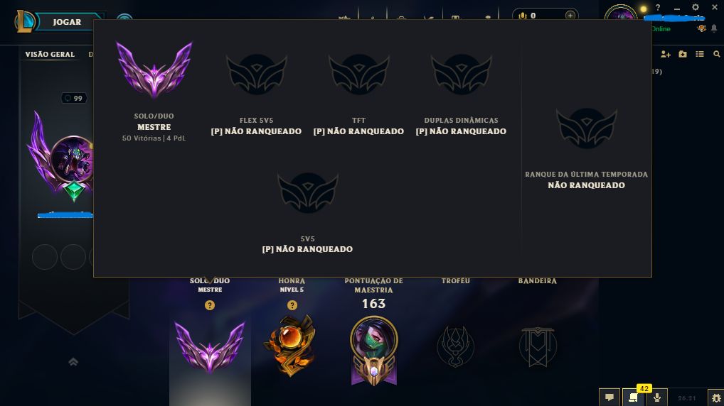 CONTA LOL MESTRE 4 PDL - NIVEL 99, 20K ESSENCIA AZUL | MMR alto |