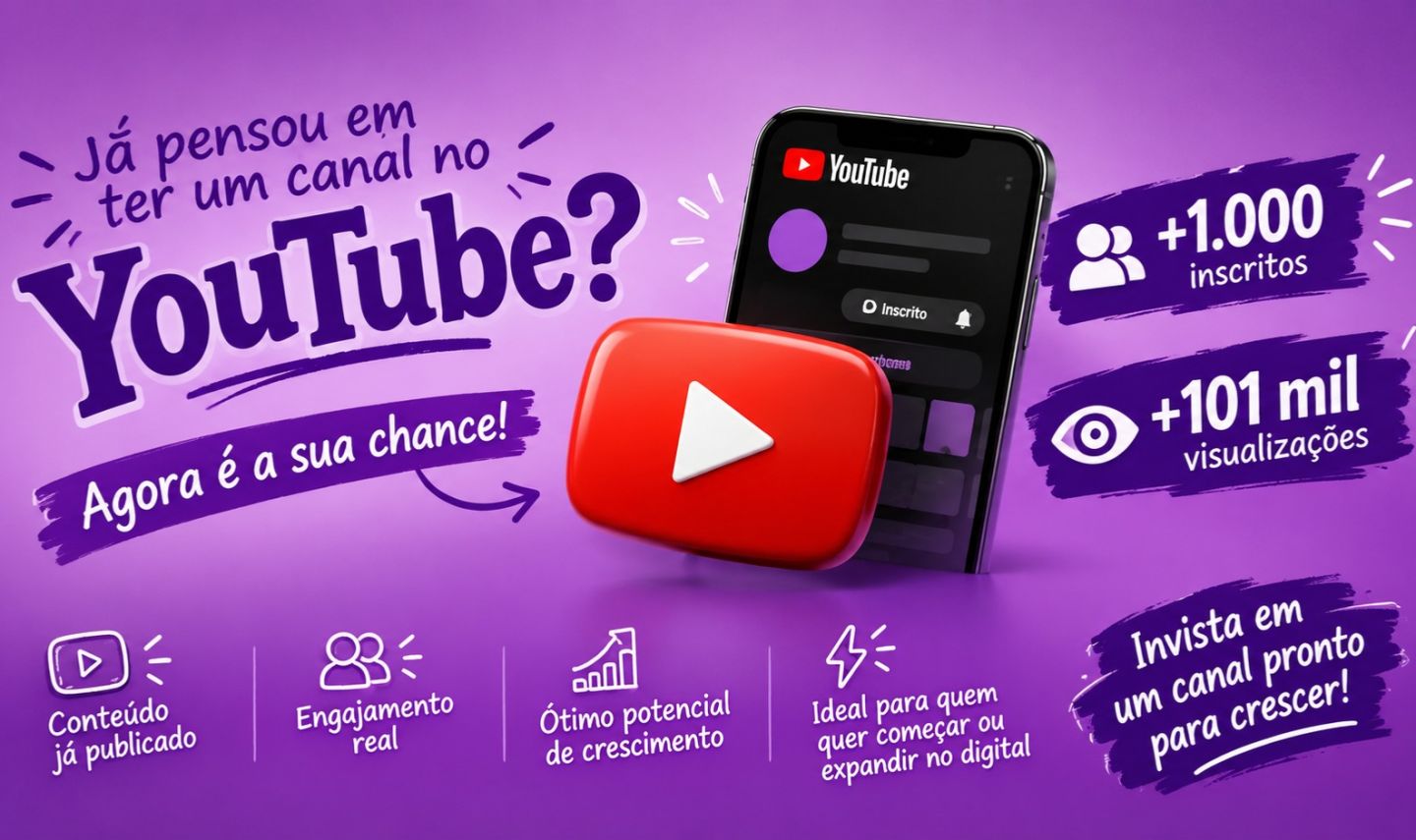 Canal Youtube com 1.000+ Inscritos e 100 Mil Visualizações - Preço negociável