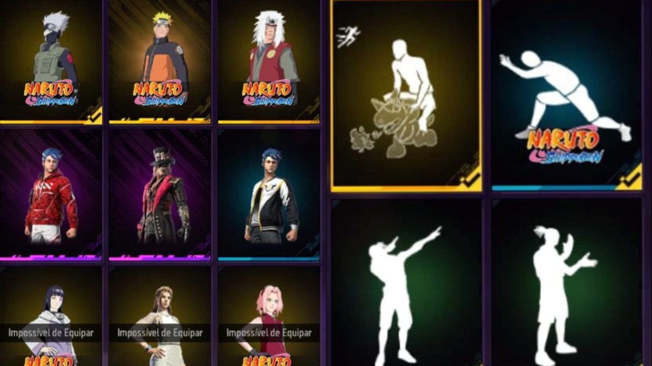 Conta free fire C Naruto, Kakashi, Jiraya, Sakura, Hinata e Asa Delta Nove Cauda