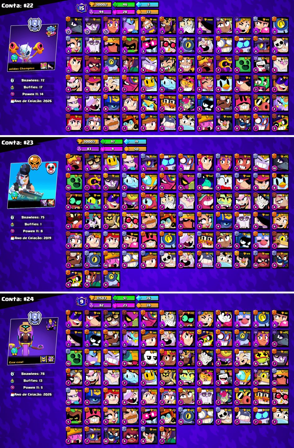 CONTAS BRAWL STARS c/LENDÁRIOS e MUITOS TROFÉUS!!