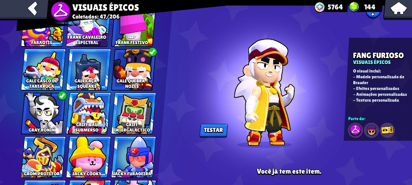 BRAWLS STARS CONTA GEMADA |CHESTER DOURADO|48K DE TROFEUS|PASSE DO FANG