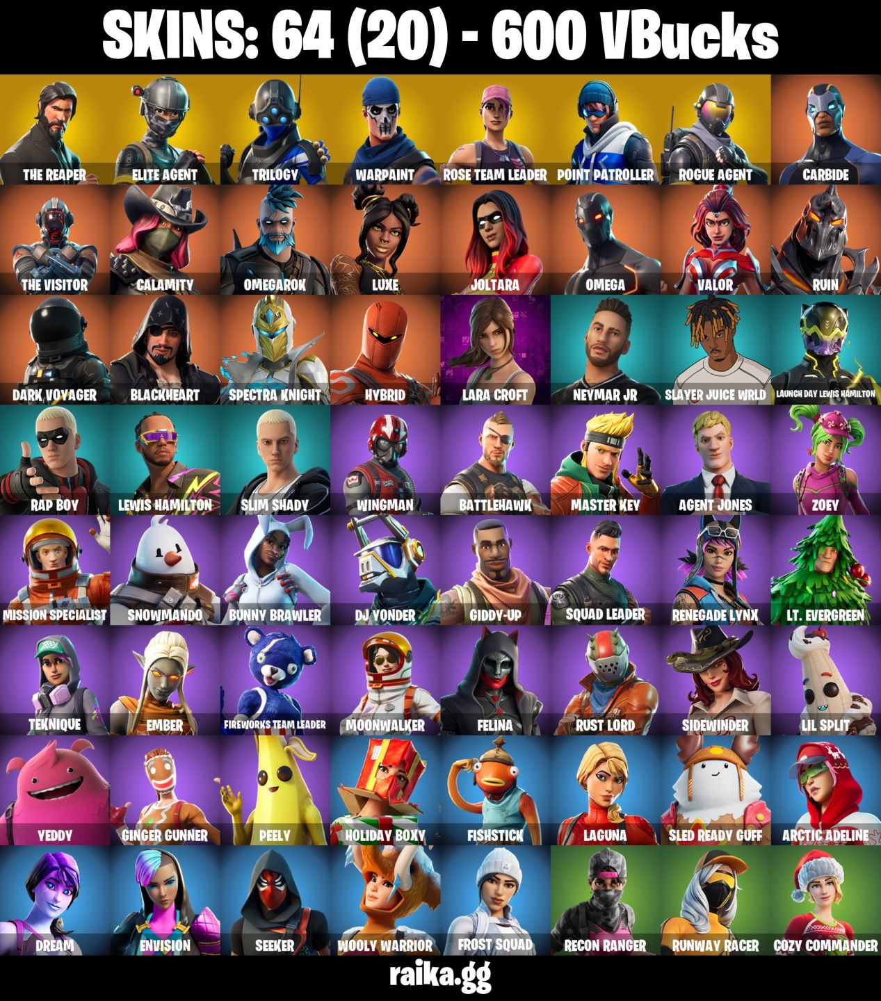 64 Skins - The Reaper, OG STW (Farm vbucks), Omega, Machado doce & Foice