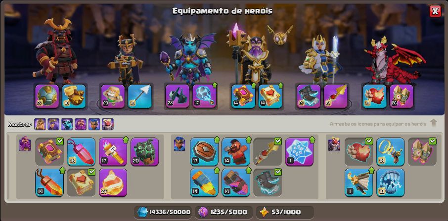 Clash of Clans CV18 muito bem upado - skins raras de heróis TKG