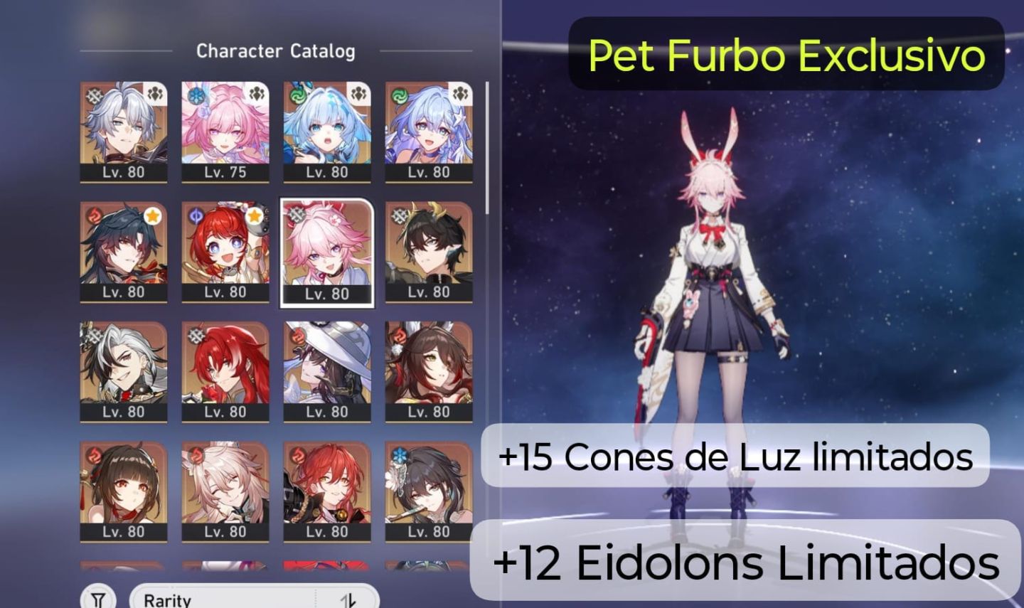 Conta c/ 33 personagens t5 + vários eidolons, Pet Exclusivo, +15 Cone de Luz e +