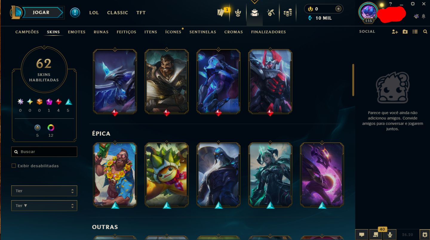 Conta Unranked, full acesso, 76 campeões, 20 skins, 4 lendárias, 3 vitoriosas