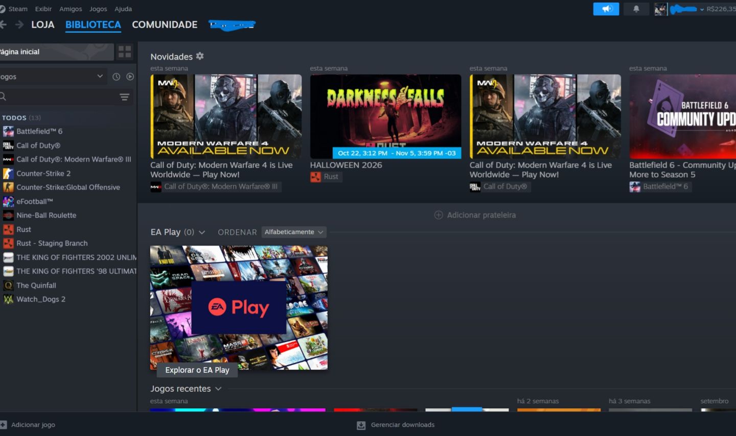 Conta Steam 226 de Saldo. Nivel 13