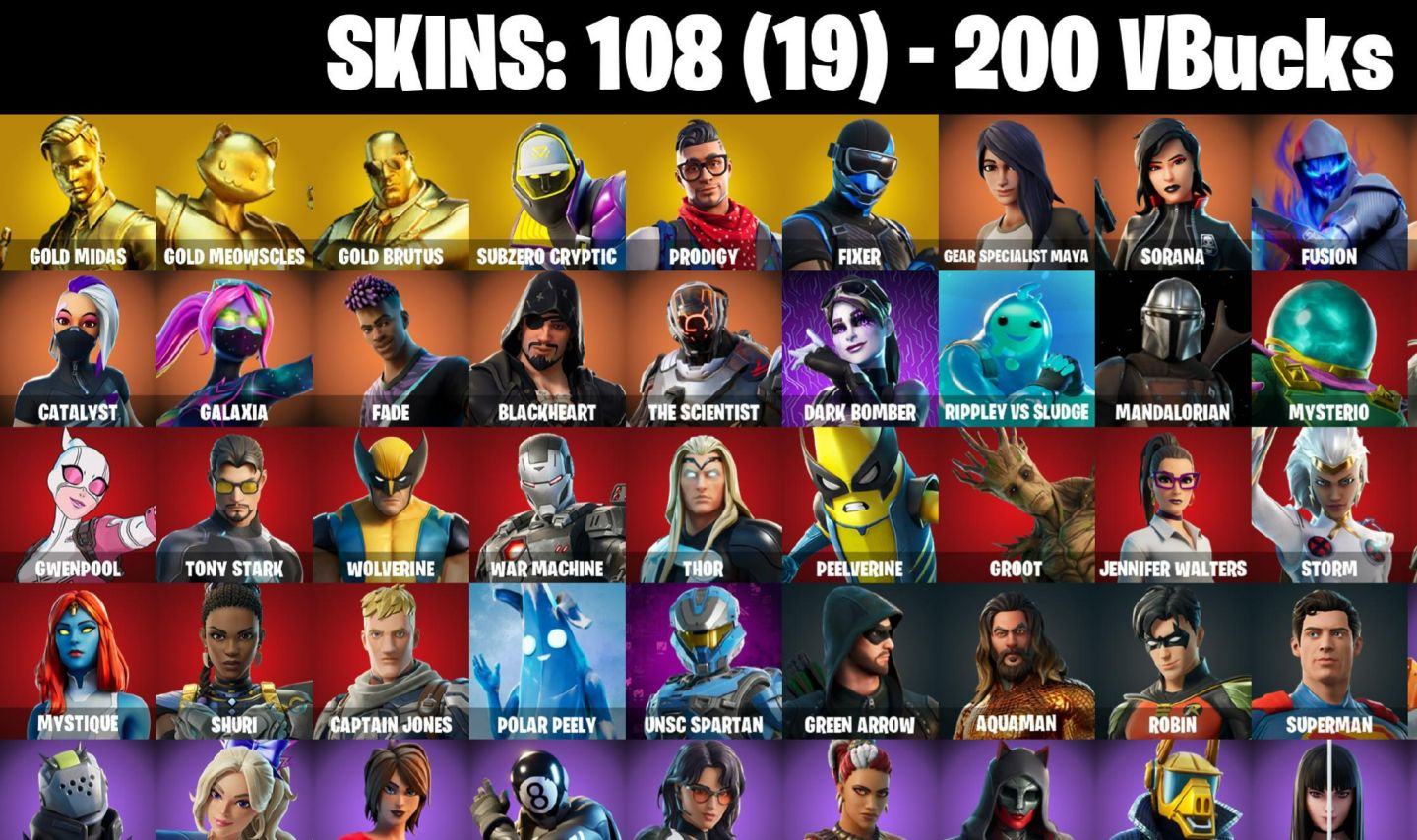 108 Skins - Gold Midas, Gold Brutus, Gold Meowscles, Prodigy, 200 vbucks