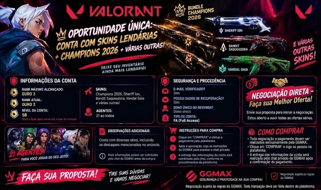 VALORANT CONTA FA À VENDA | CHAMPIONS 2026 + VÁRIAS SKINS!