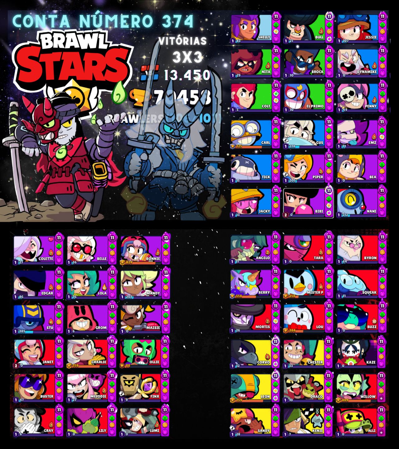 Contas de Brawl Stars Upadíssimas com vários troféus e Skins