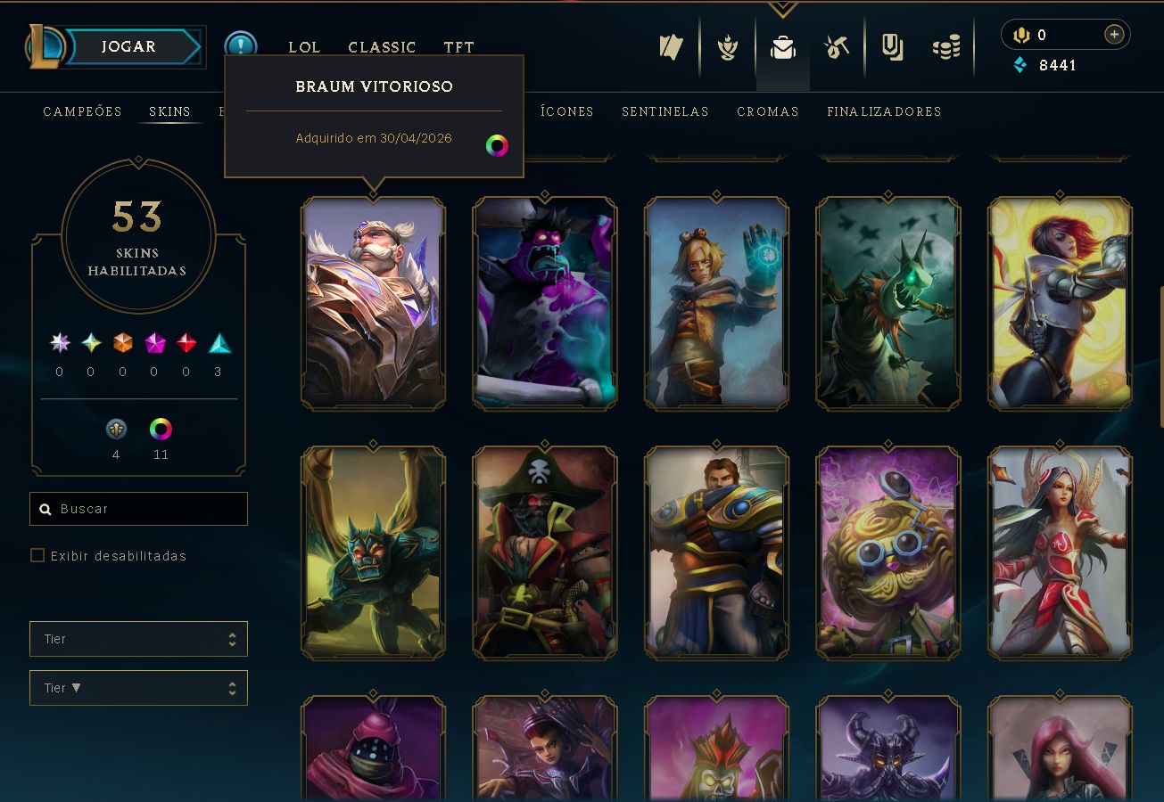 Conta de League Of Legends 3 Skins Epicas 12 skins totais Platina 4