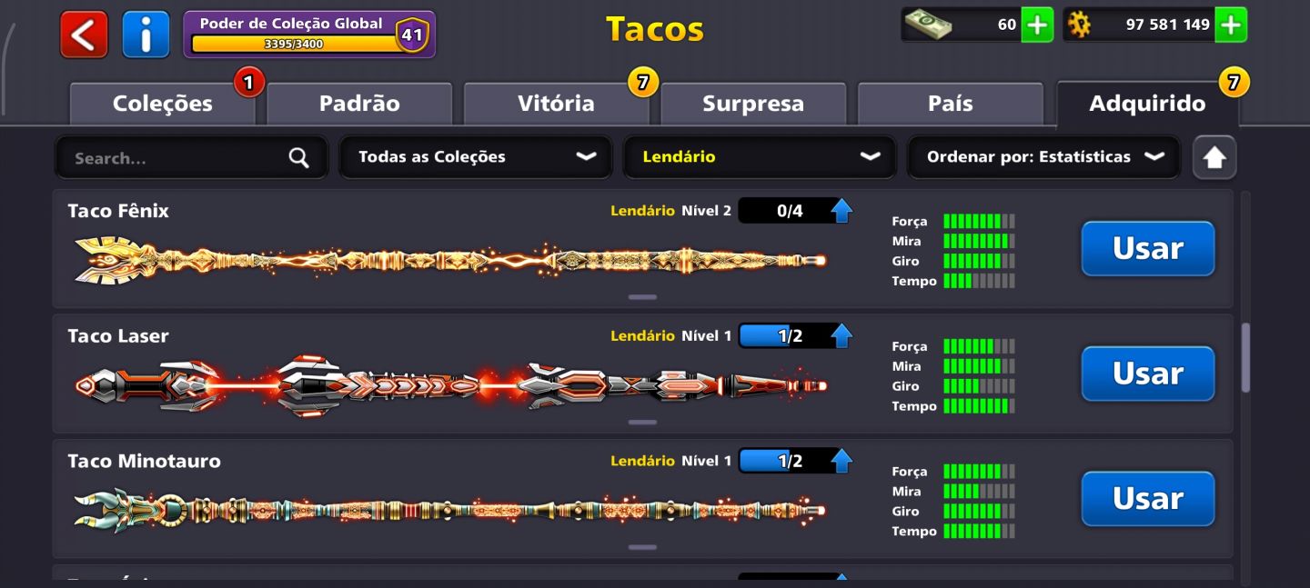 Conta 8 Ball Pool | 97M+ Fichas + Vários Tacos Lendários