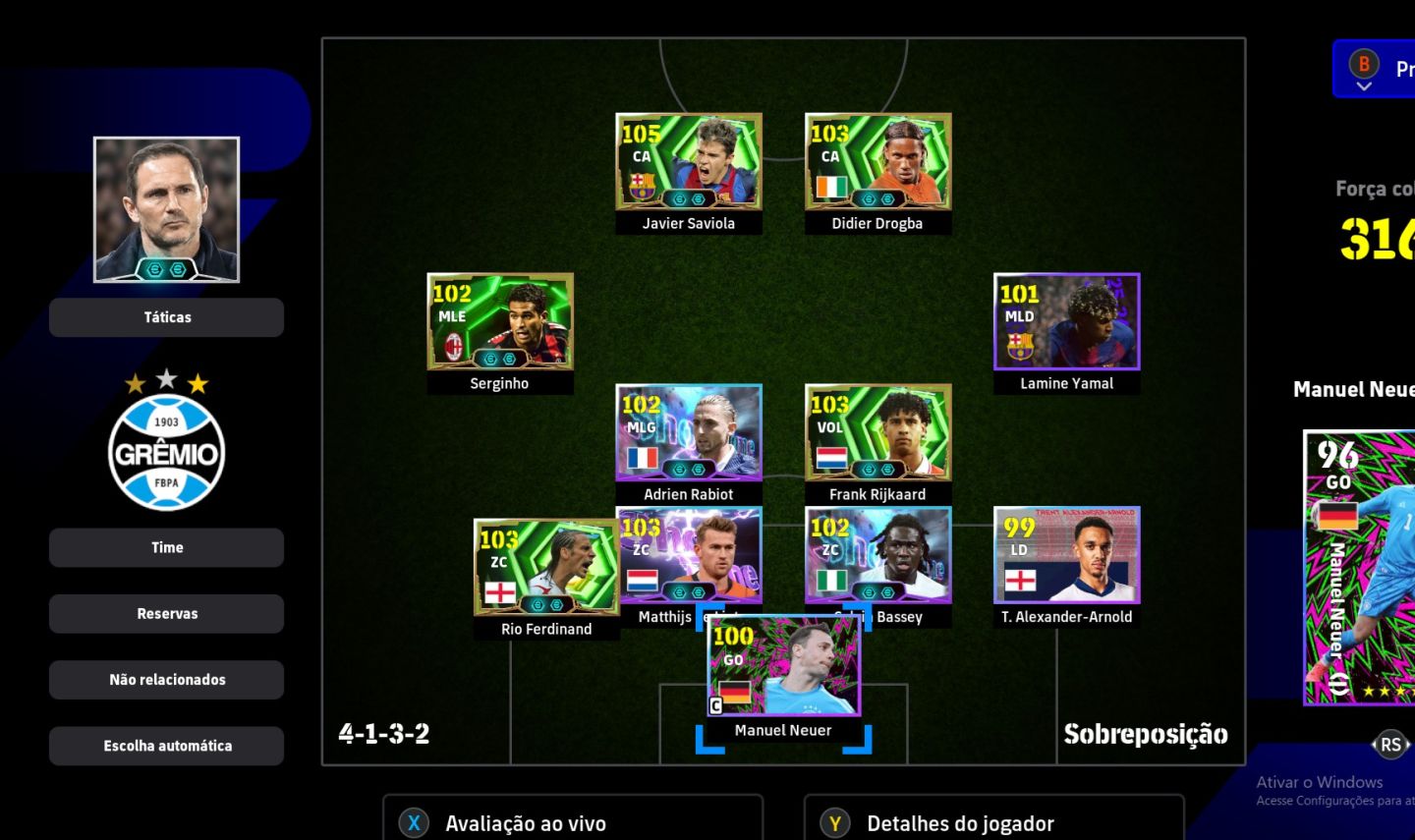 EFootball CONTA STEAM FORÇA 3168 | DROGBA 103 + JAVIER SAVIOLA 105 + LAMINE YA