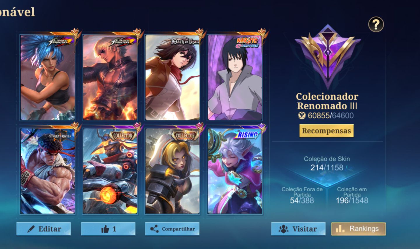 MITICA 51x110 ESTRELAS 214 SKINS COLEC III + SASUKE + 5 COLLABS RARAS