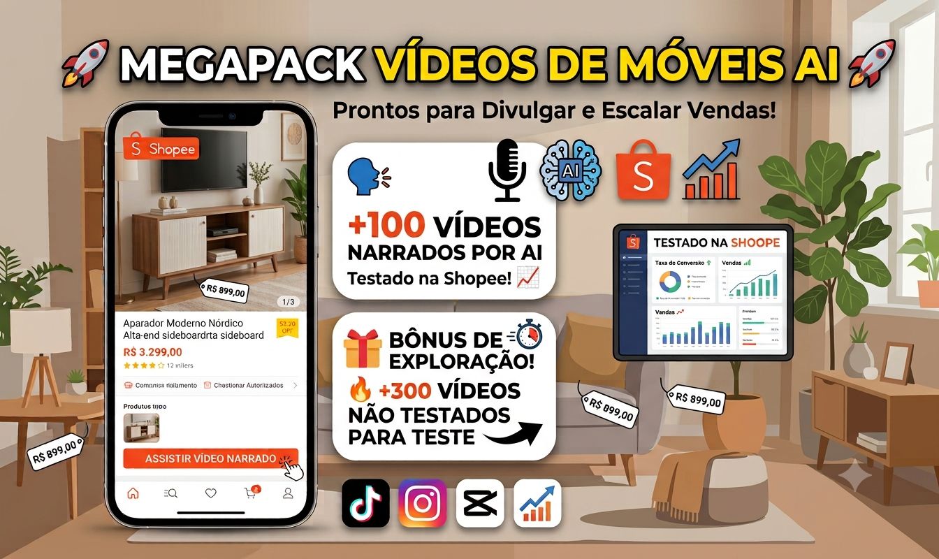 PACK DE 100 VIDEOS DE MÓVEIS NARRADOS TESTADO+ BÔNUS 300 VD PARA TESTE - SHOPEE