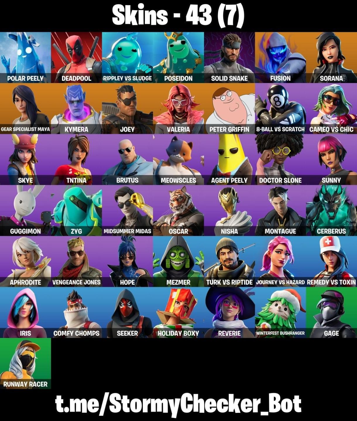 CONTA FORTNITE COM 43 SKINS SOLID SNAKE/BRUTUS/SORANA/IRIS/KYMERA/TNTINA