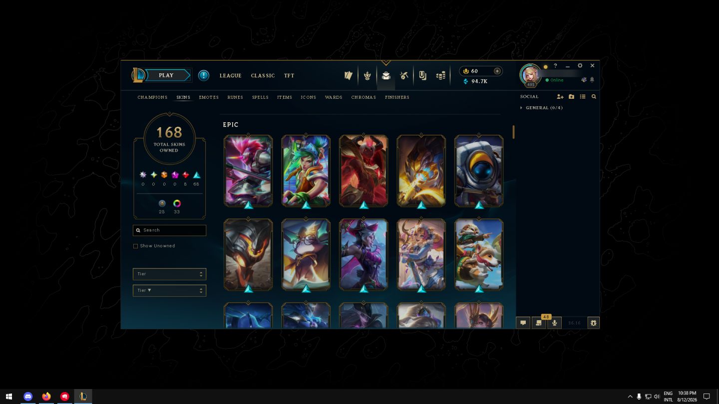 CONTA LOL - 168 SKINS | LVL 492 - 8 legendarys - 68 epics - 33 chromas