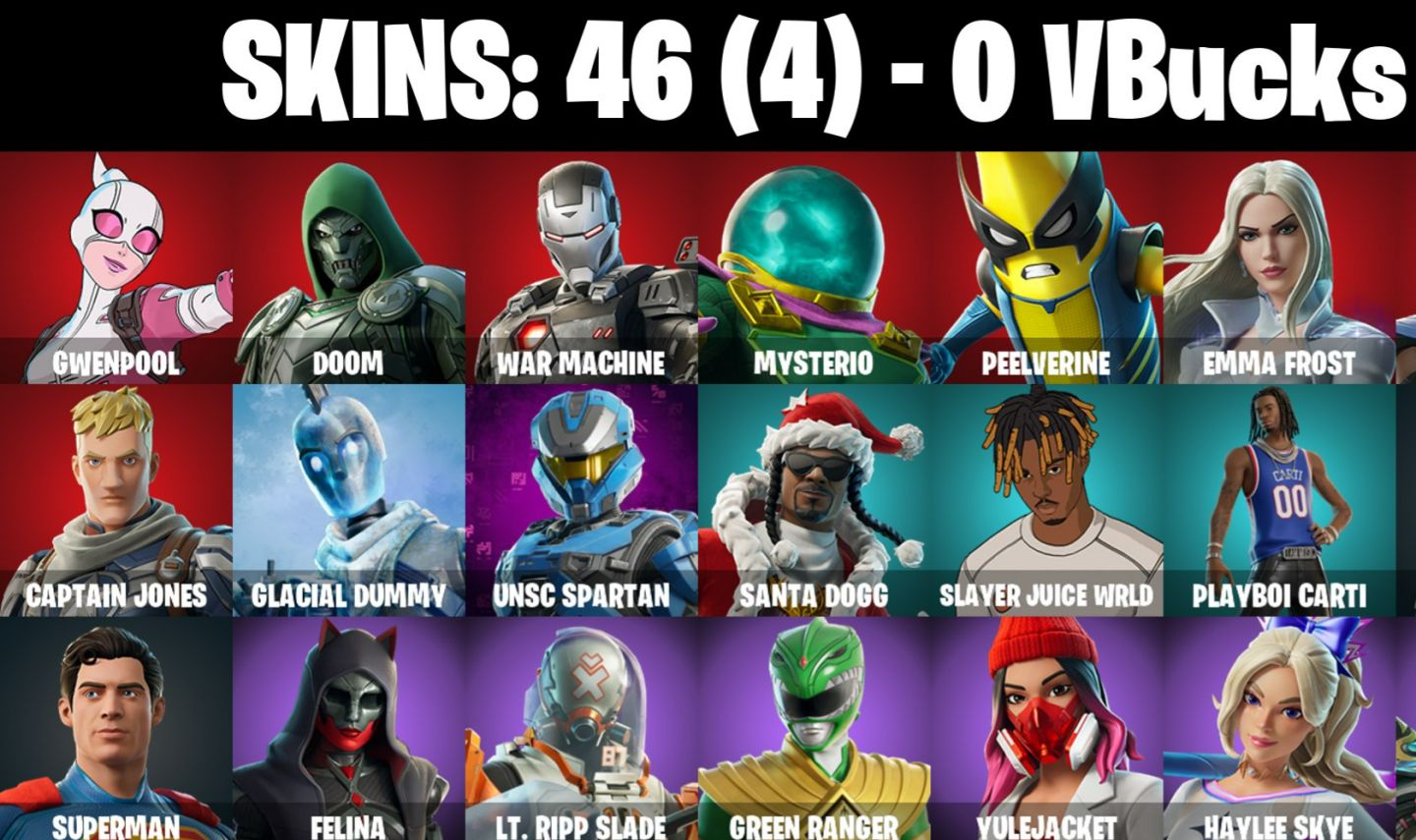 46 Skins - Gwenpool, Doom, War Machine, Emma Frost, Santa Dogg, 0 vbucks