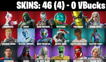 46 Skins - Gwenpool, Doom, War Machine, Emma Frost, Santa Dogg, 0 vbucks