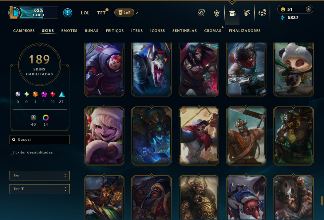 Conta LOL sem jogar rank desde 2020. Várias skins e campeões habilitados