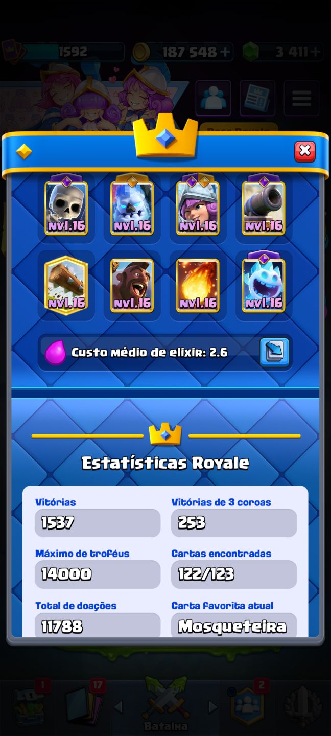 Conta de Clash Royale, com 14K de troféus, liga 3, competitiva e 2.6 full