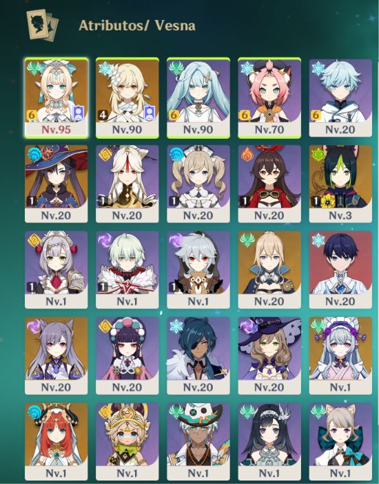 Vesna C6 (Nível 95) + Assinatura, Nilou, Tighnari C1, Mona C1 e outros T5