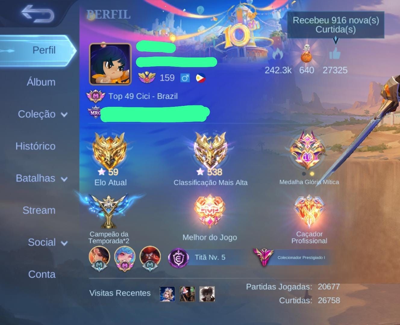 CONTA MLBB, 508 SKINS, TÍTULOS GLOBAIS, CONTA HIGH ELO 538 STAR