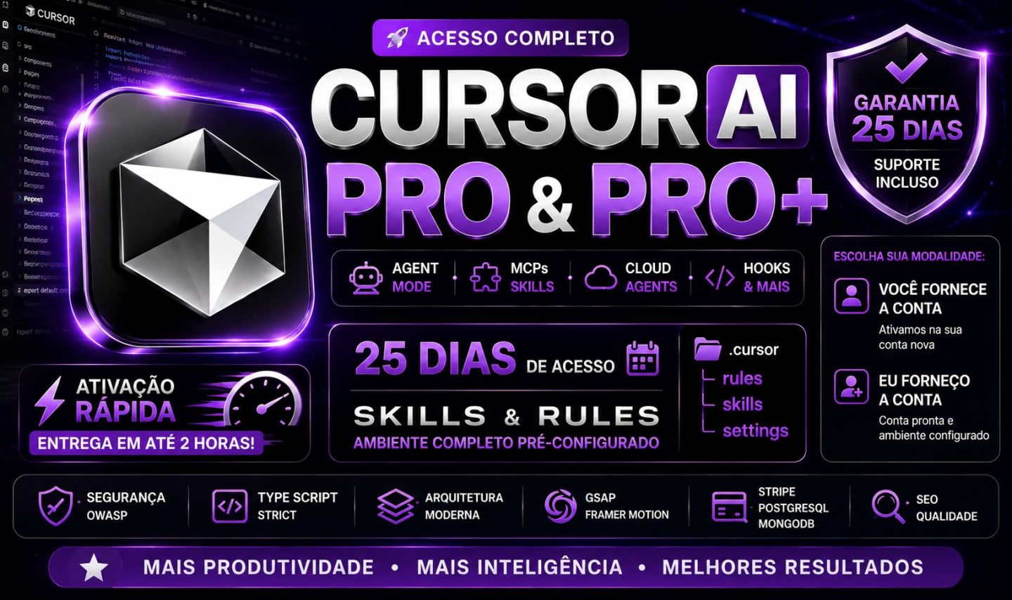 Cursor AI Pro | Padrão e Skills Rules | Ativação Rápida na Sua Conta