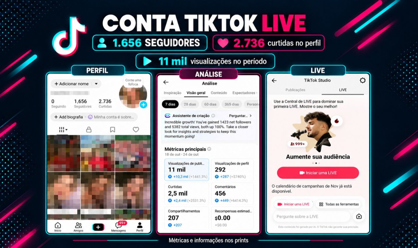 CONTA TIKTOK LIVE 1.656 SEGUIDORES REAIS | PERFIL ENGAJADO