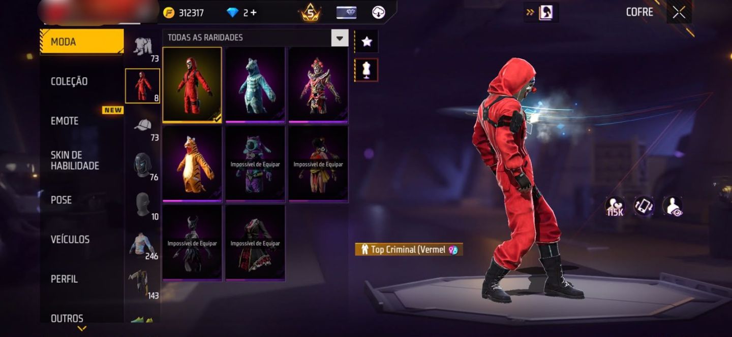 CONTA FF - TOP CRIMINAL VERMELHO, 2 DINOS, ANGELICAL AMARELA, CONTA ANTIGA