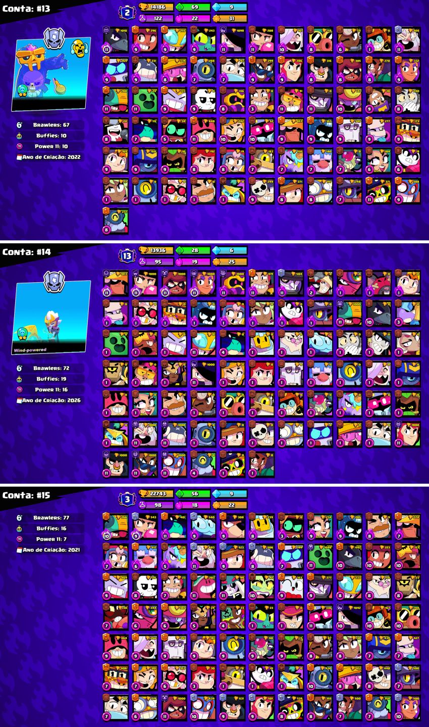 CONTAS BRAWL STARS c/LENDÁRIOS e MUITOS TROFÉUS!!
