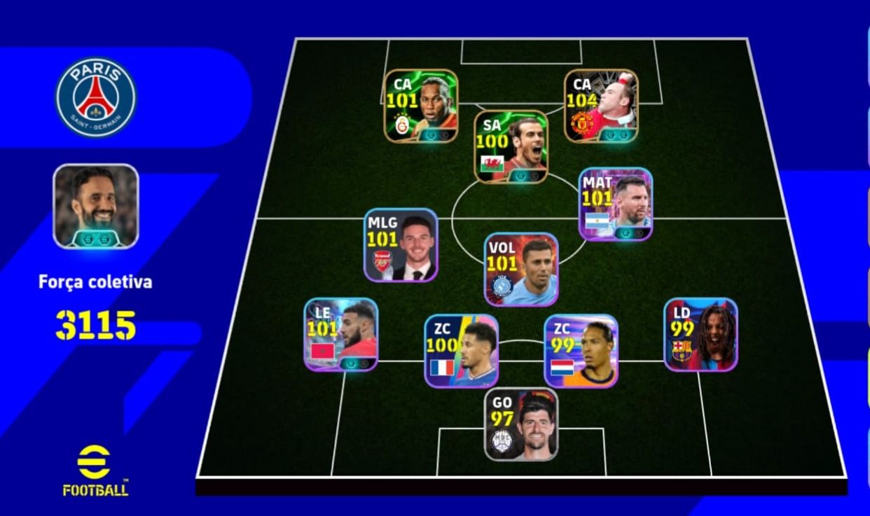 [CONTA INICIANTE PRONTA] eFootball 3115 FC | Rooney 104 + Drogba + Bale + Messi