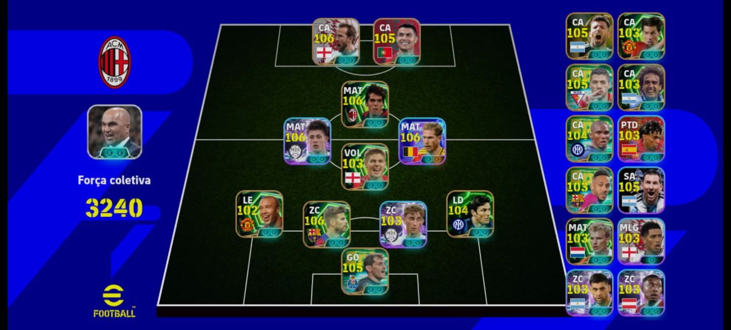 CONTA EFOOTBALL 3240 FORÇA | KANE 106 + CR7 105 + KAKÁ 106 + CASILLAS 105 | SÓ K