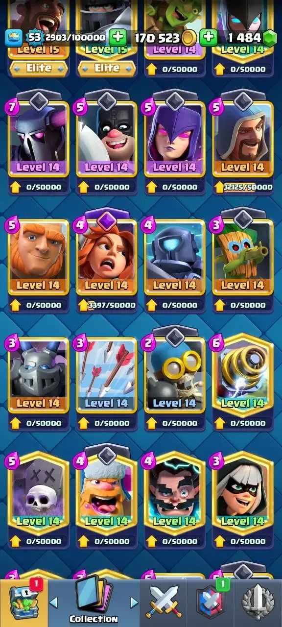 Conta Clash Royale nível 53, 9134 troféus, 48 cartas máx, 95 emotes, 1484 gemas