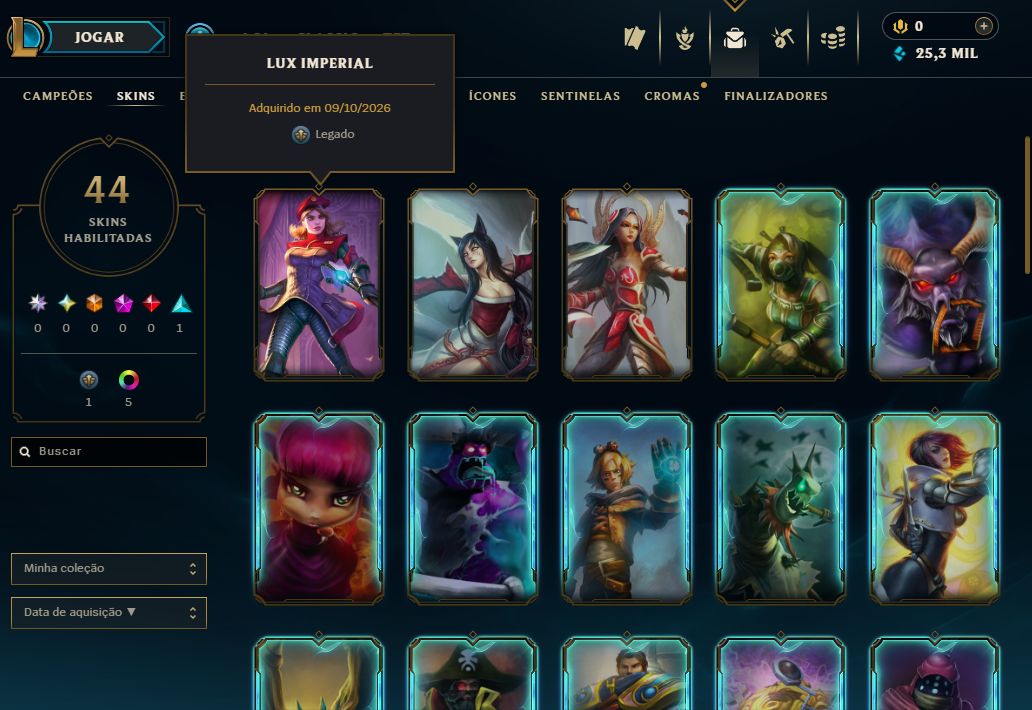 [Entrega Automática] Conta Lol Platina, 25K Ea, 44 Skins, Upada na Mão, Lvl 37